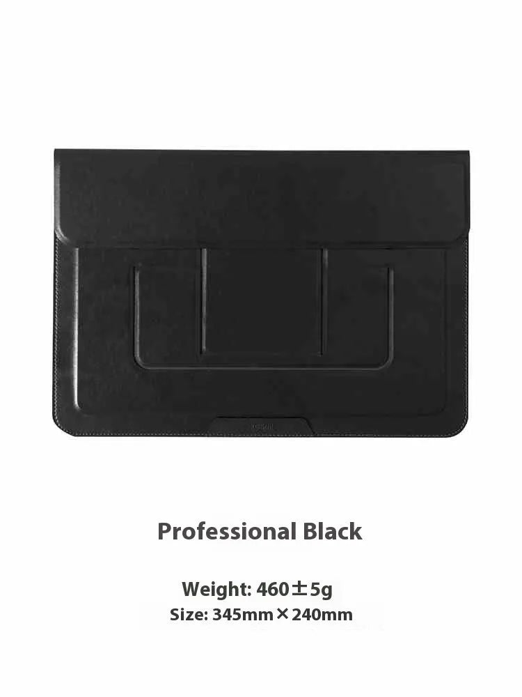 Brown 13.3 inch laptop bracket bag with integrated stand and storage compartments open.