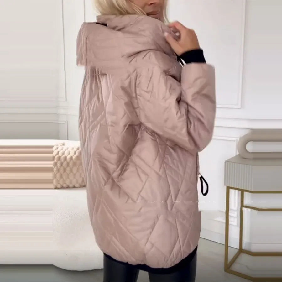 Women's casual hooded coat in black or pink with long sleeves