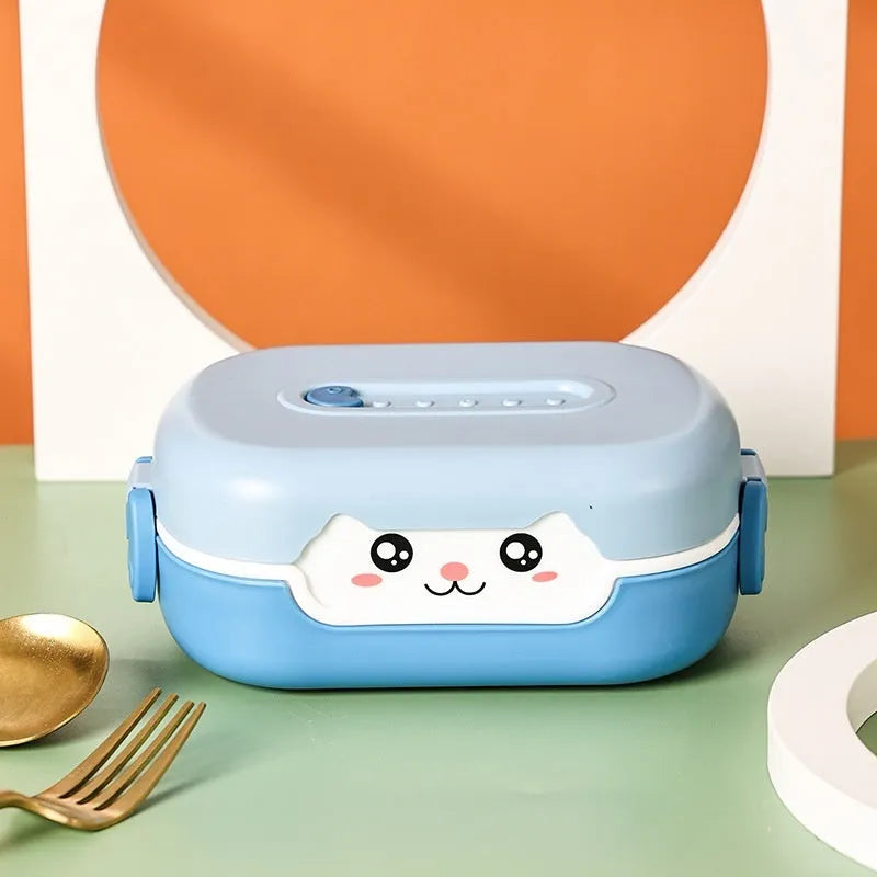 Portable divided plastic lunch box with square shape and cartoon styling in multiple colour options