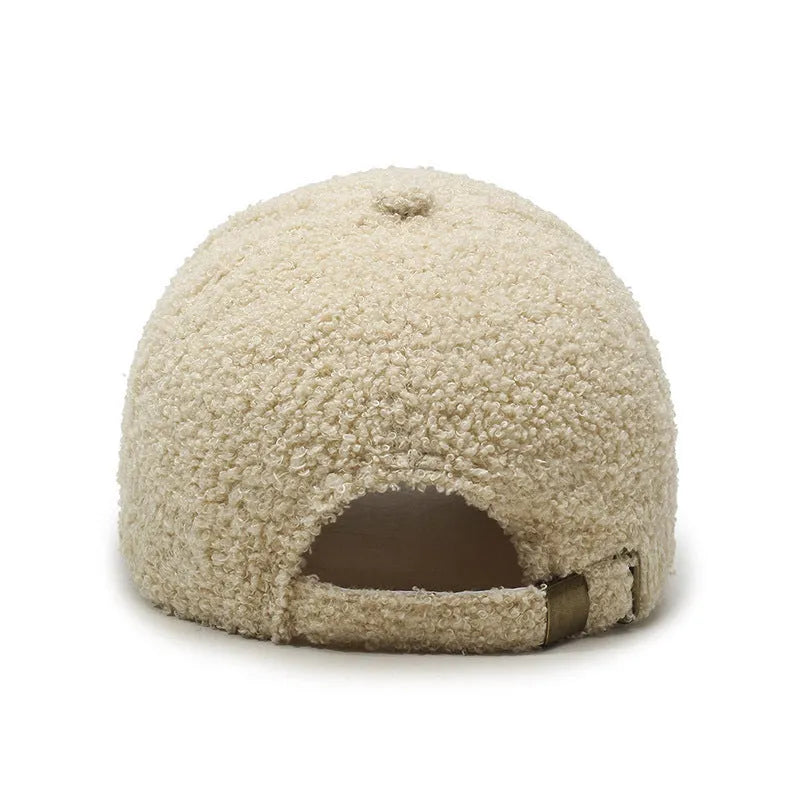 Adjustable winter baseball cap in polyester lambskin fabric showing dome crown style