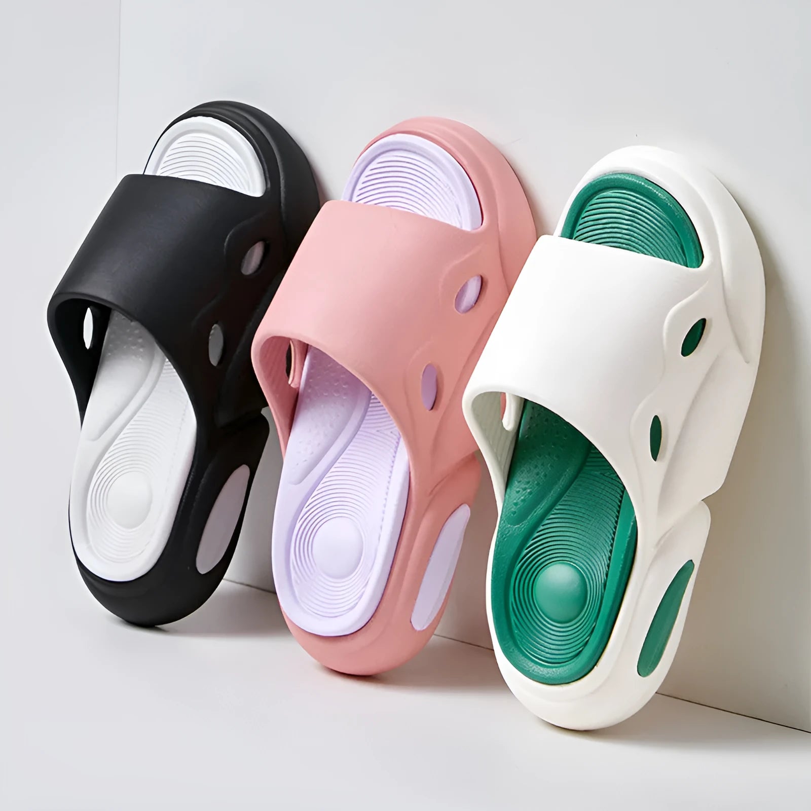 Women's thick-soled EVA couples slippers in two-colour designs with leather lining