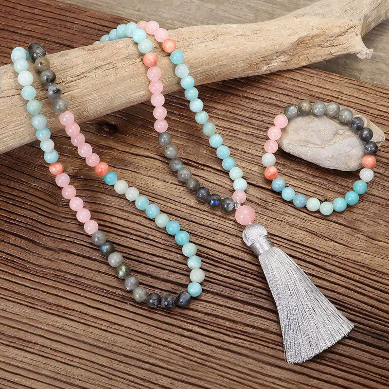 Bohemian style stone necklace and bracelet set with tassel pendant and 81cm circumference
