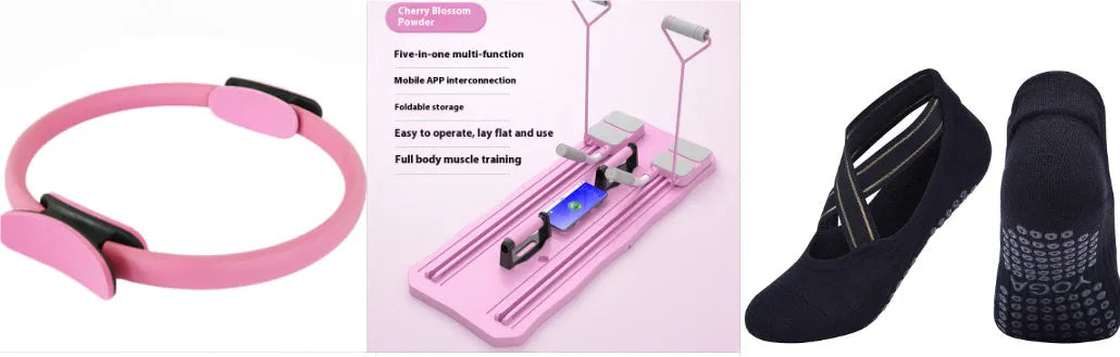 Blue and pink five-in-one fitness board with abdominal wheel for home workouts