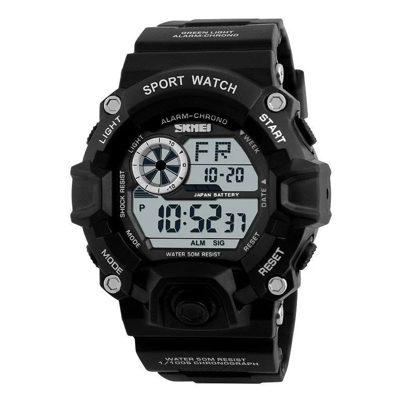 Multifunctional men's waterproof electronic sports watch with round dial on plastic strap.