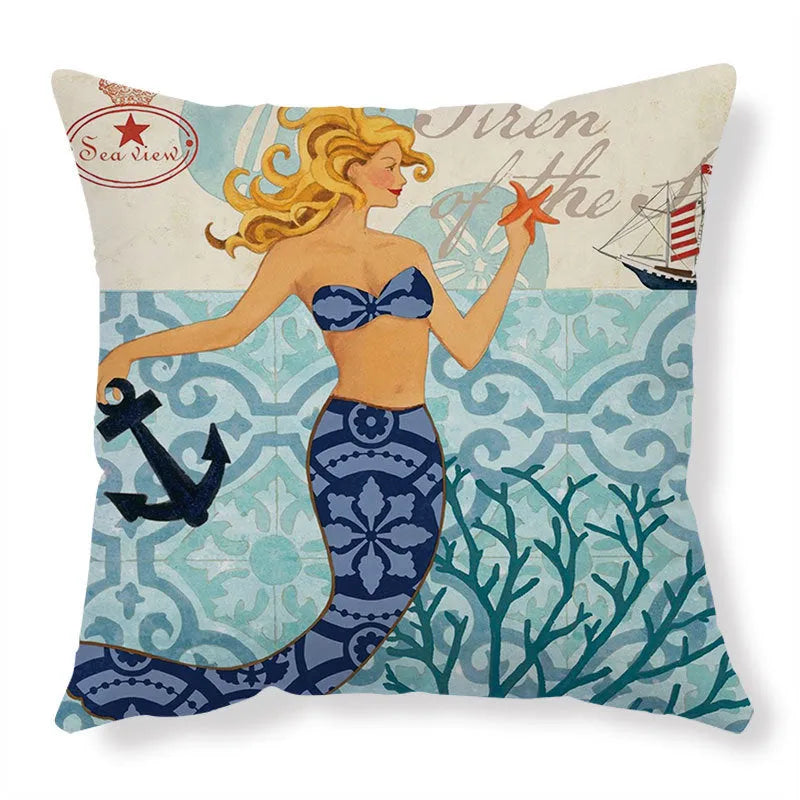 Square linen cushion cover with a detailed blue and green sea turtle print, showing the invisible zipper closure.