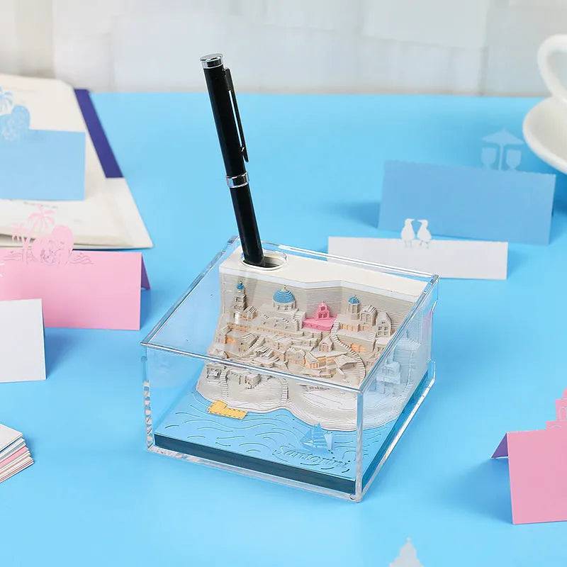 Santorini beach scene 3D paper carving notepad showing architectural model details