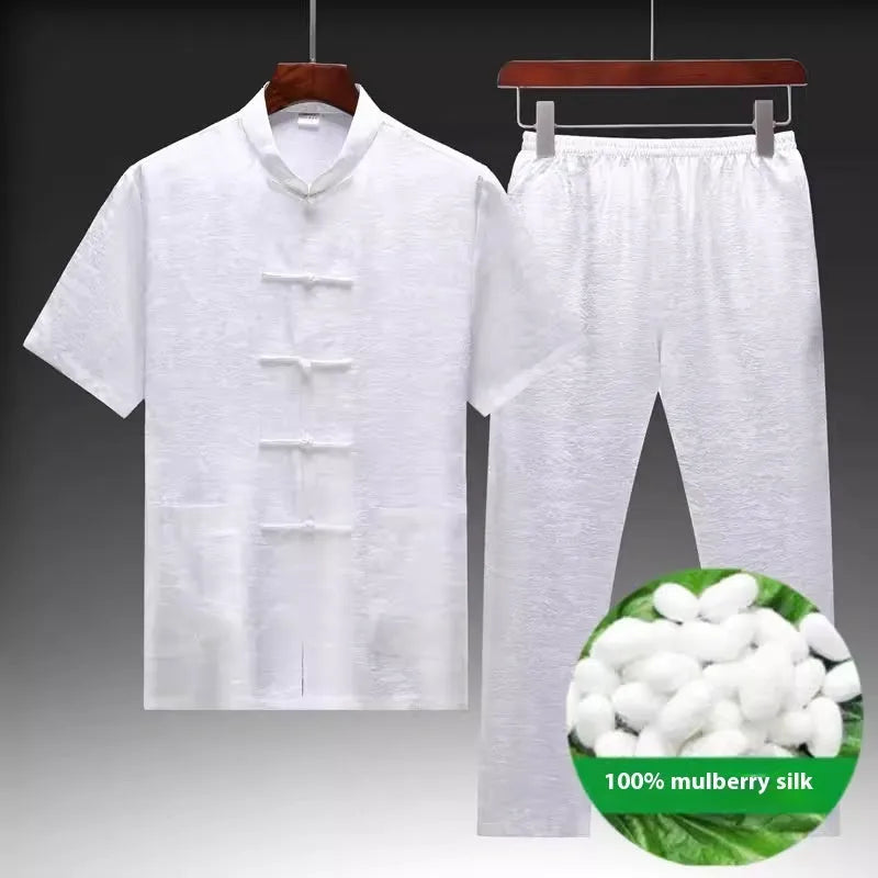 Traditional Chinese-style mulberry silk Tang suit for men in light green.