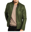 Men's brown artificial leather punk motorcycle jacket with a stand collar and straight hem