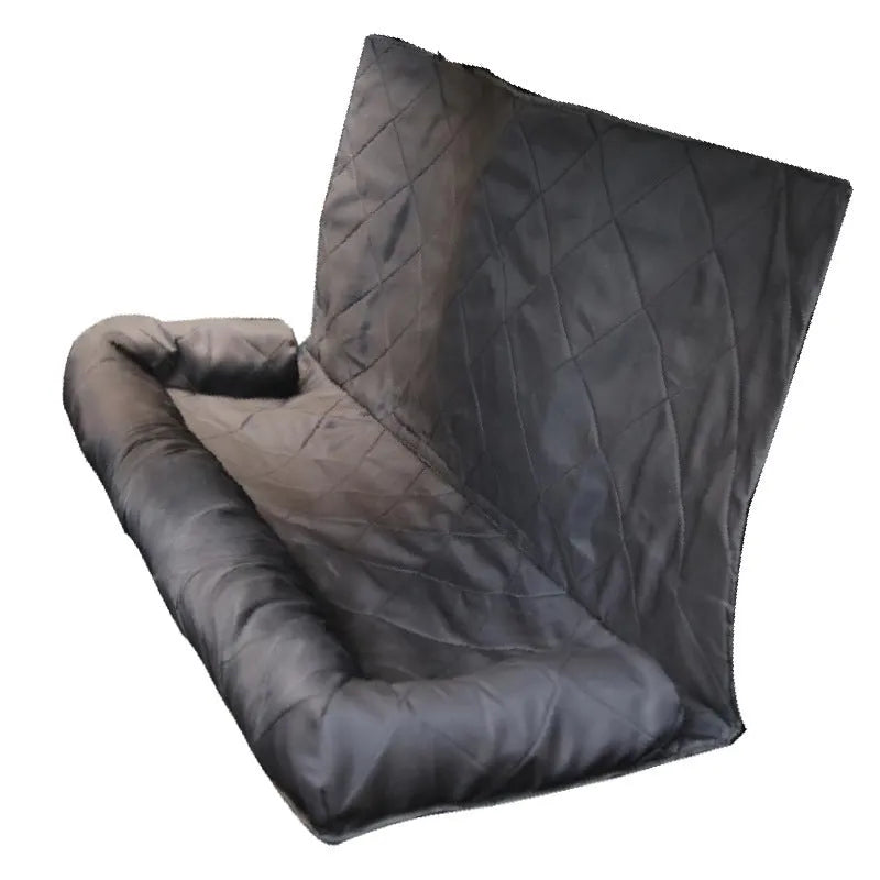 Rear car dog bed made of Oxford cloth in black, measuring 127x35x55 cm, placed on a car back seat