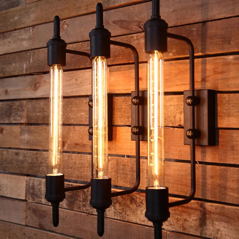 American style black iron wall lamp with E27 holder on a staircase