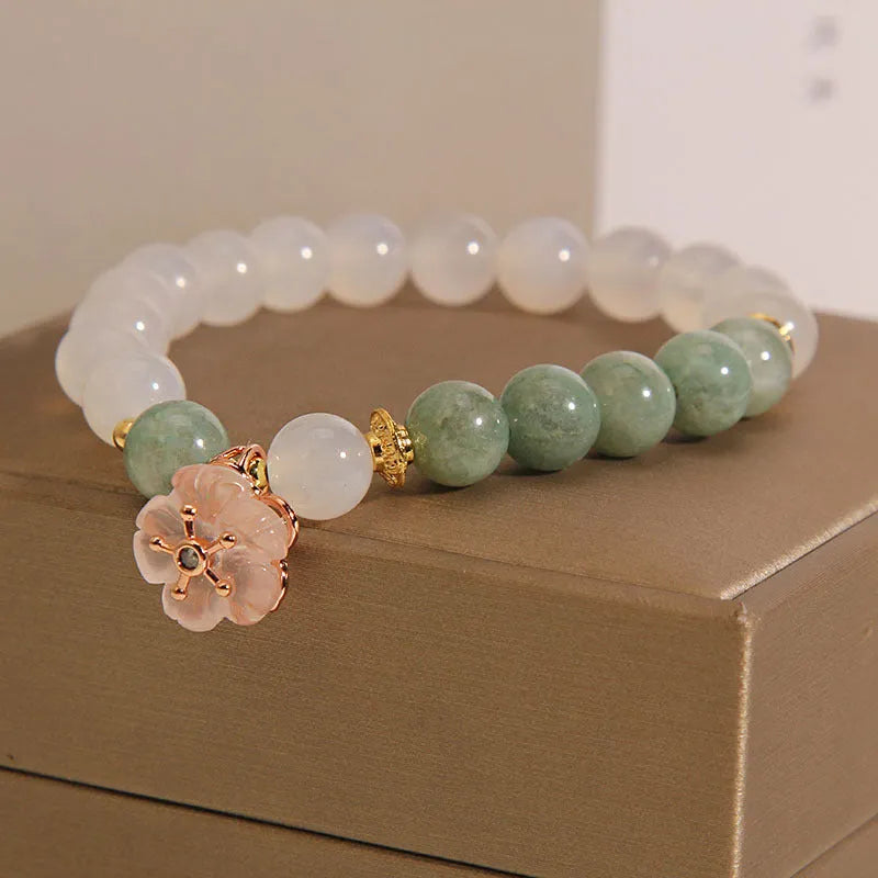 Women's emerald agate crystal bracelet with jadeite flower pendant and white agate beads
