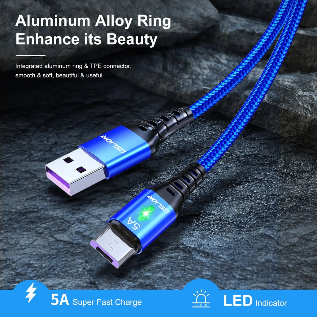 Braided data cable with green indicator light for Android Type-C devices in black blue purple red lengths 0.3m 1m 2m 3m