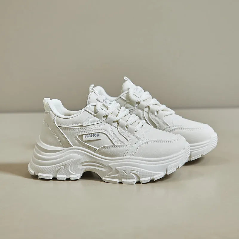 Breathable height increasing low-top shoes for women, artificial PU upper, round toe, black colour, side view