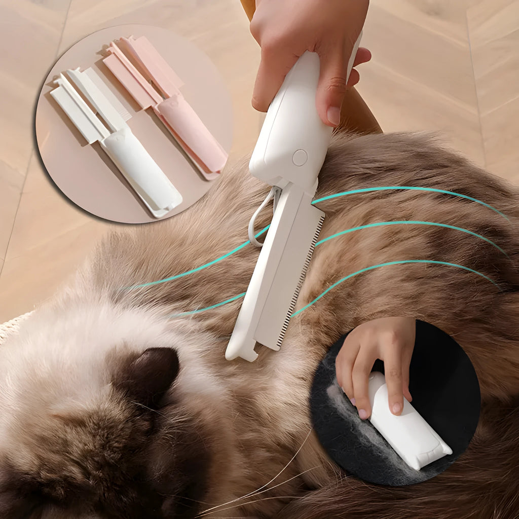 Pink and white ABS plastic pet grooming brush for dogs and cats on flat surface