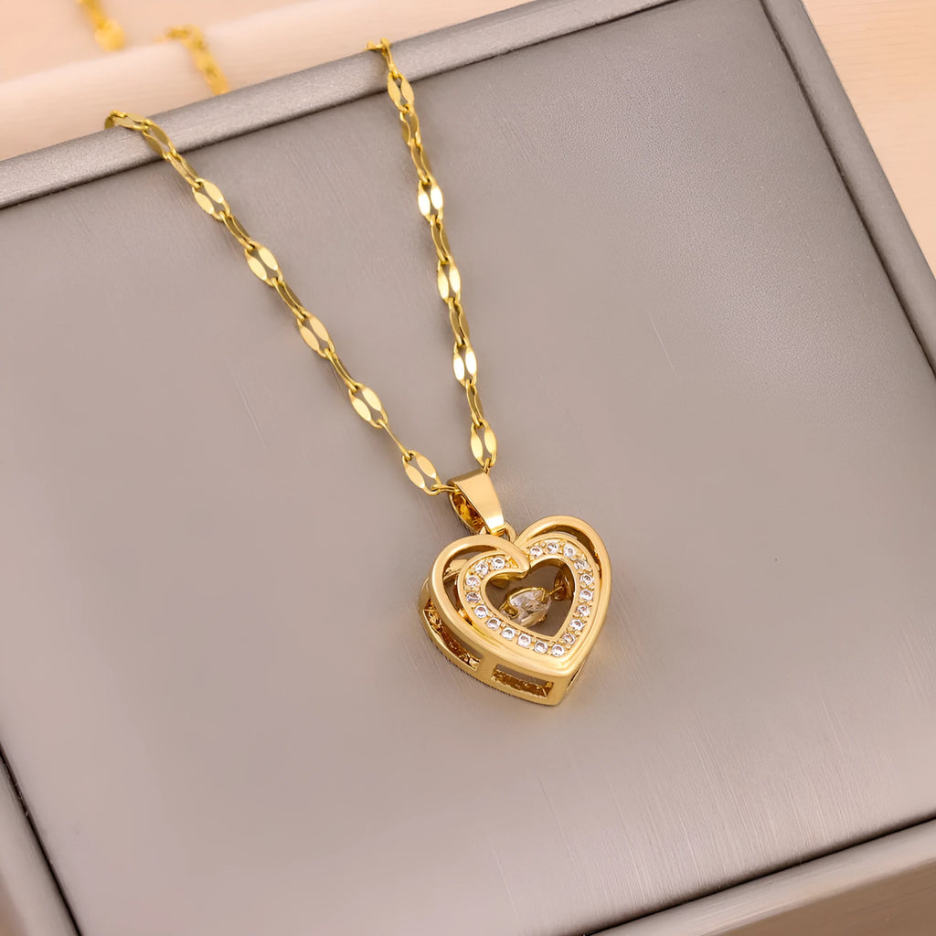 Double-layer titanium steel love necklace with rhinestone heart pendant on woman