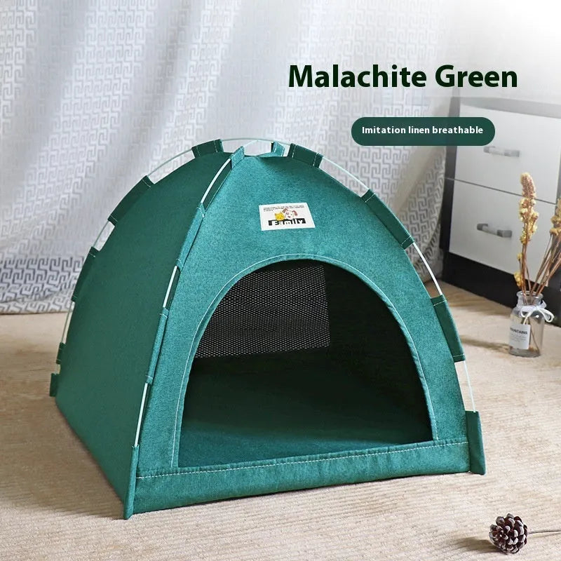 Grey tent-style dog bed with removable cover for small and medium breeds.