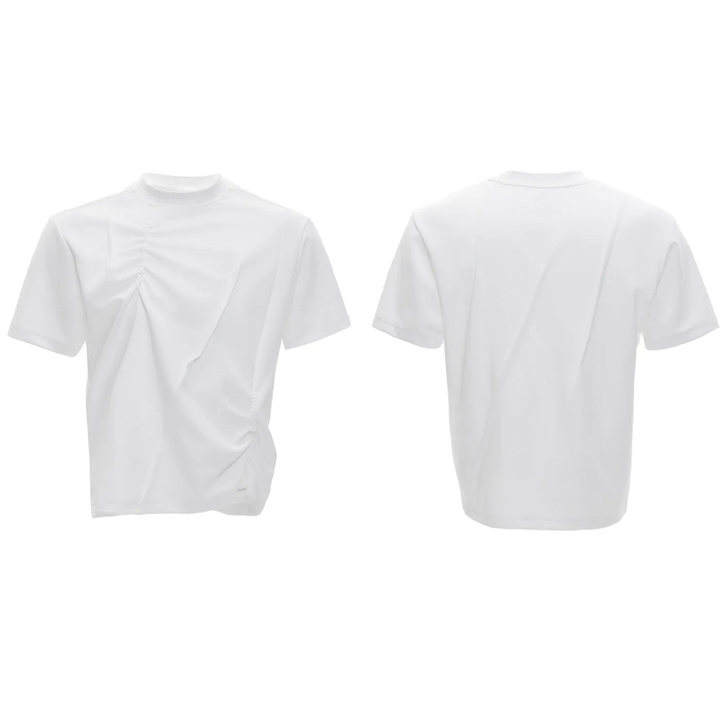 Men's loose grey cotton T-shirt with round neck and asymmetric stitching on the front.