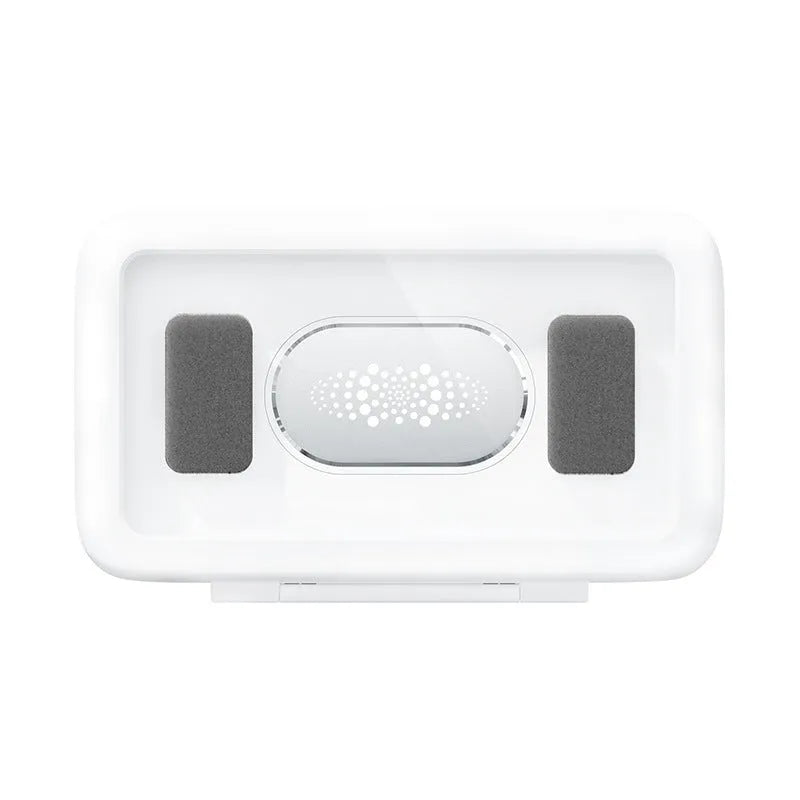 White waterproof phone holder mounted on bathroom tile with phone visible through anti-fog window
