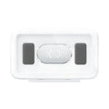 White waterproof phone holder mounted on bathroom tile with phone visible through anti-fog window