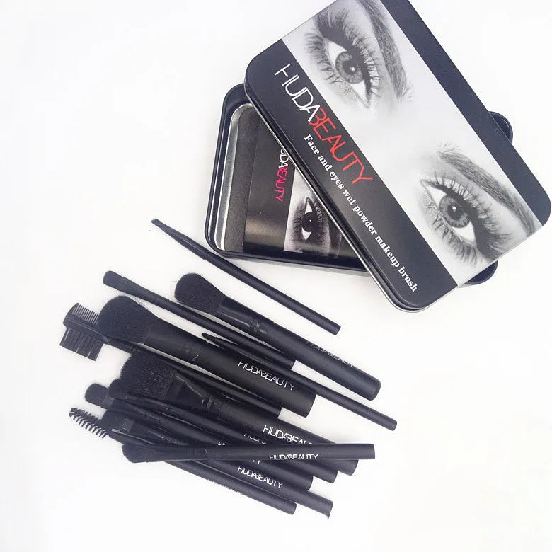 12-piece black makeup brush set in iron box with wooden handles and silk nylon bristles