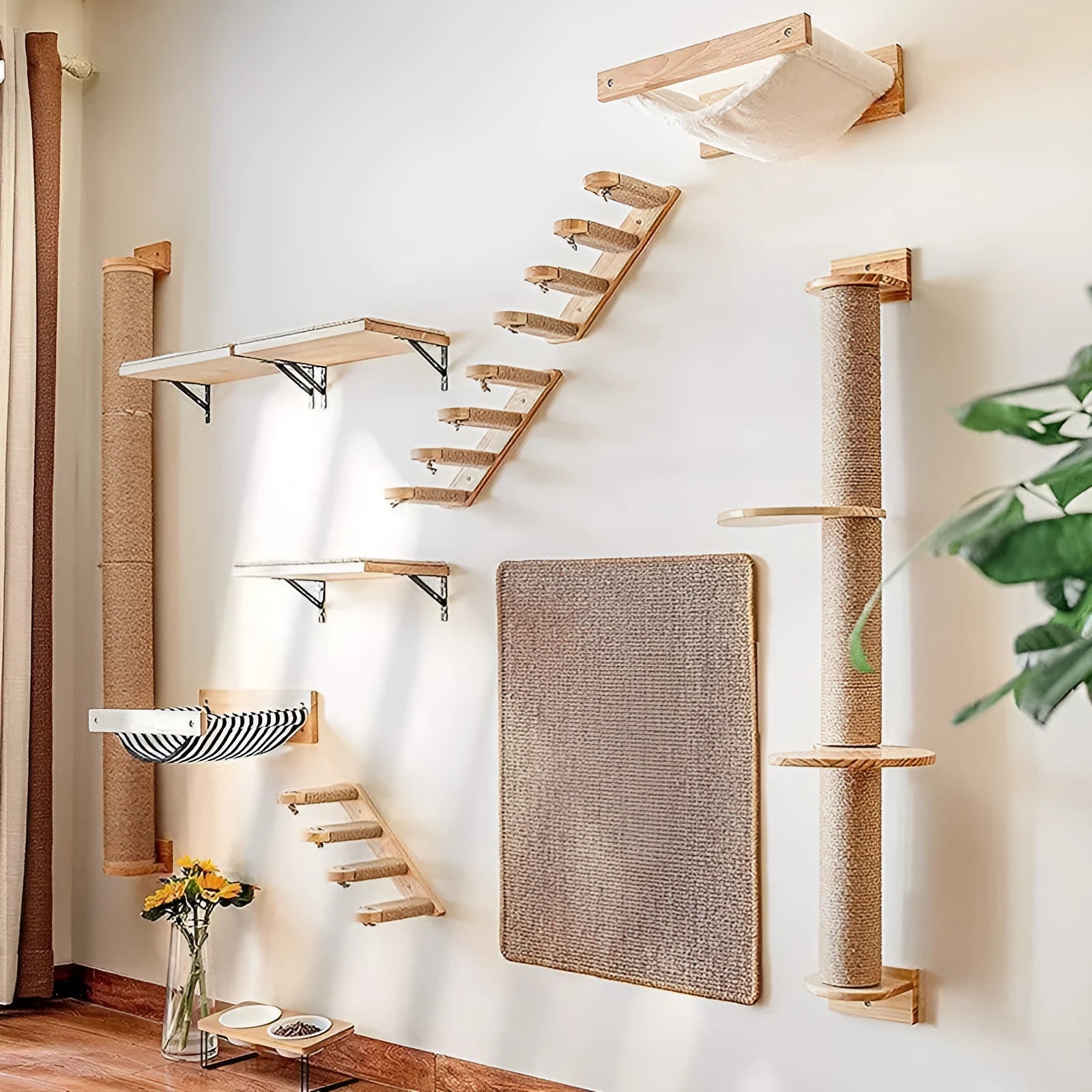 Wooden wall-mounted cat climbing frame with a natural flax cordage scratching post in wood and khaki colours.