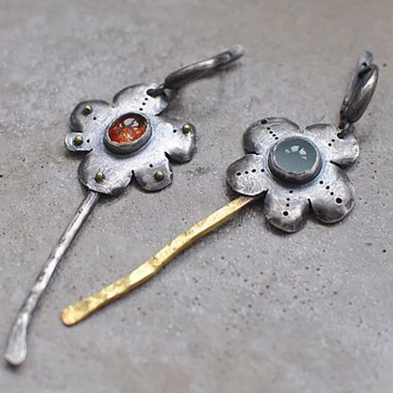 Geometric retro earrings with asymmetric two-tone colour and floral design
