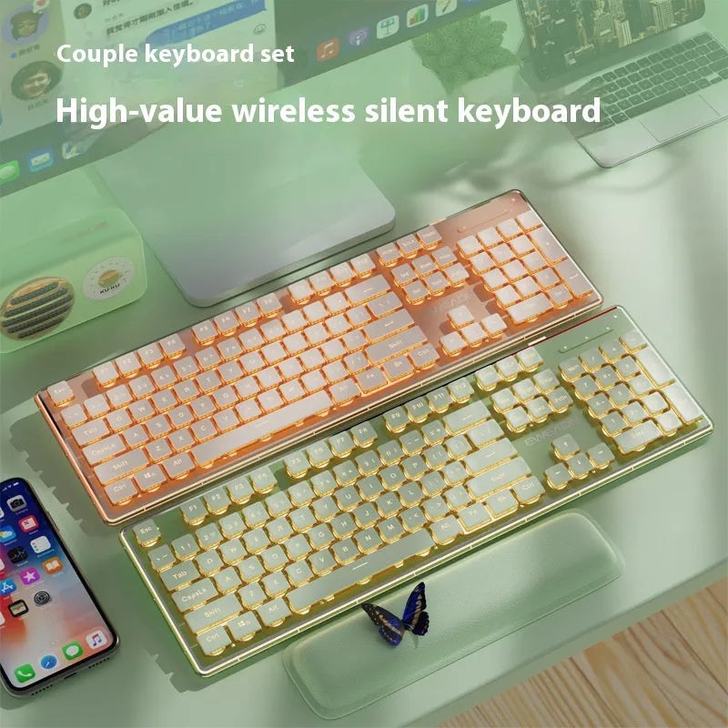 Prewalker V3 wired mute keyboard and mouse suit in retro green colour on a desk