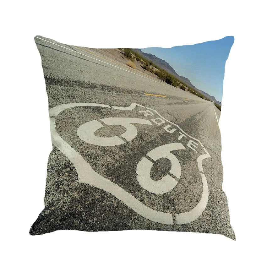 Route 66 landscape pattern linen cushion cover for 45cm square back pillow or car seat.