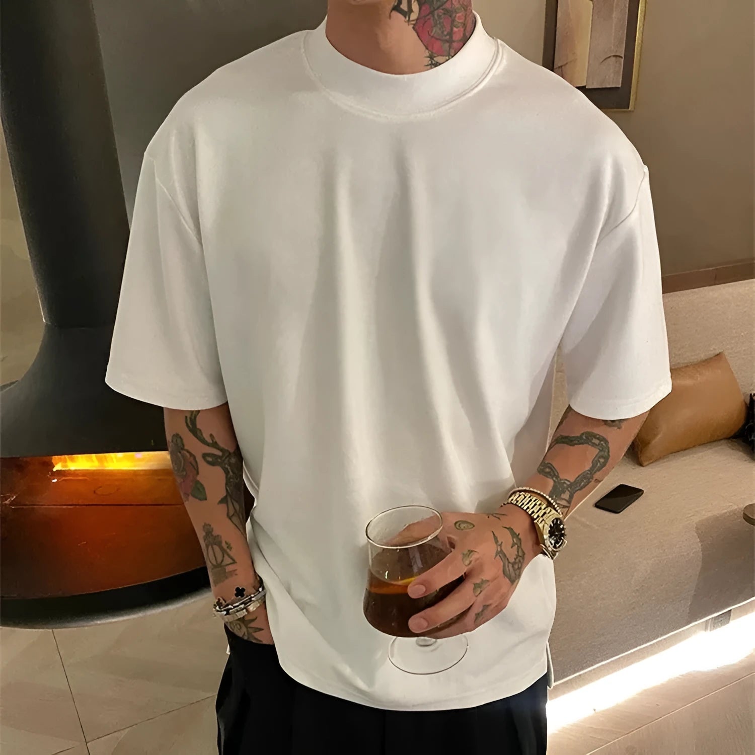 Men's loose cotton half-sleeve shirt in multiple colours with pullover style