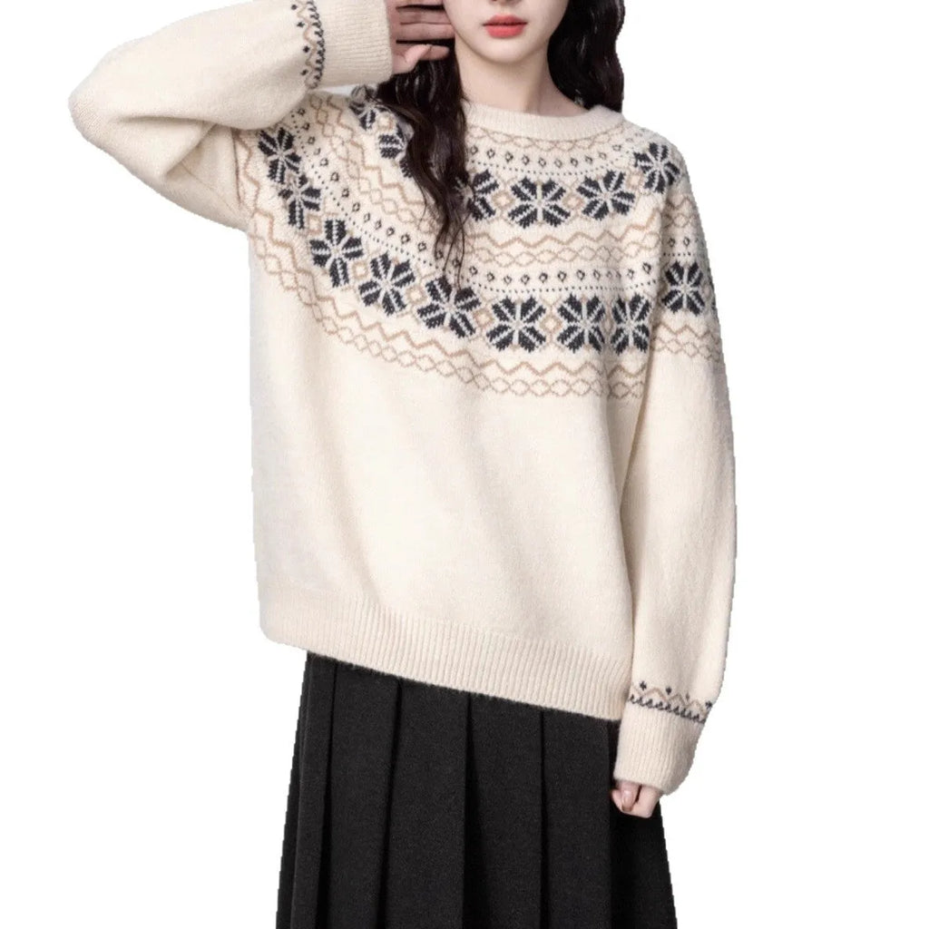 Women's milky white vintage Fair Isle geometric pattern pullover sweater with a loose fit.