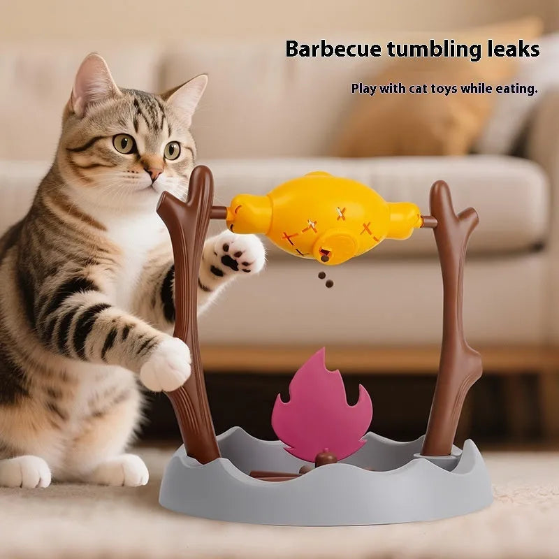 Barbecue-style tumbling cat toy and food feeder with dimensions 30x30x29cm