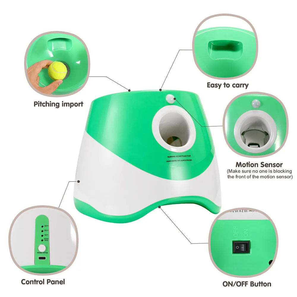Automatic pet ball launcher in green for outdoor fetch play with adjustable distance