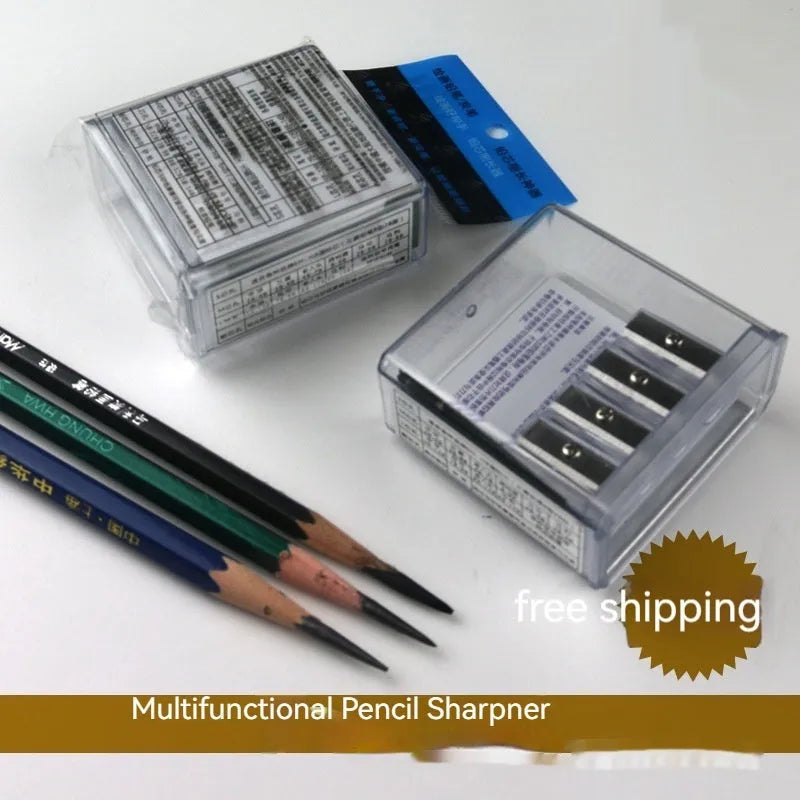 Geometric shaped four-hole plastic pencil sharpener for art sketching with built-in screwdriver tool.