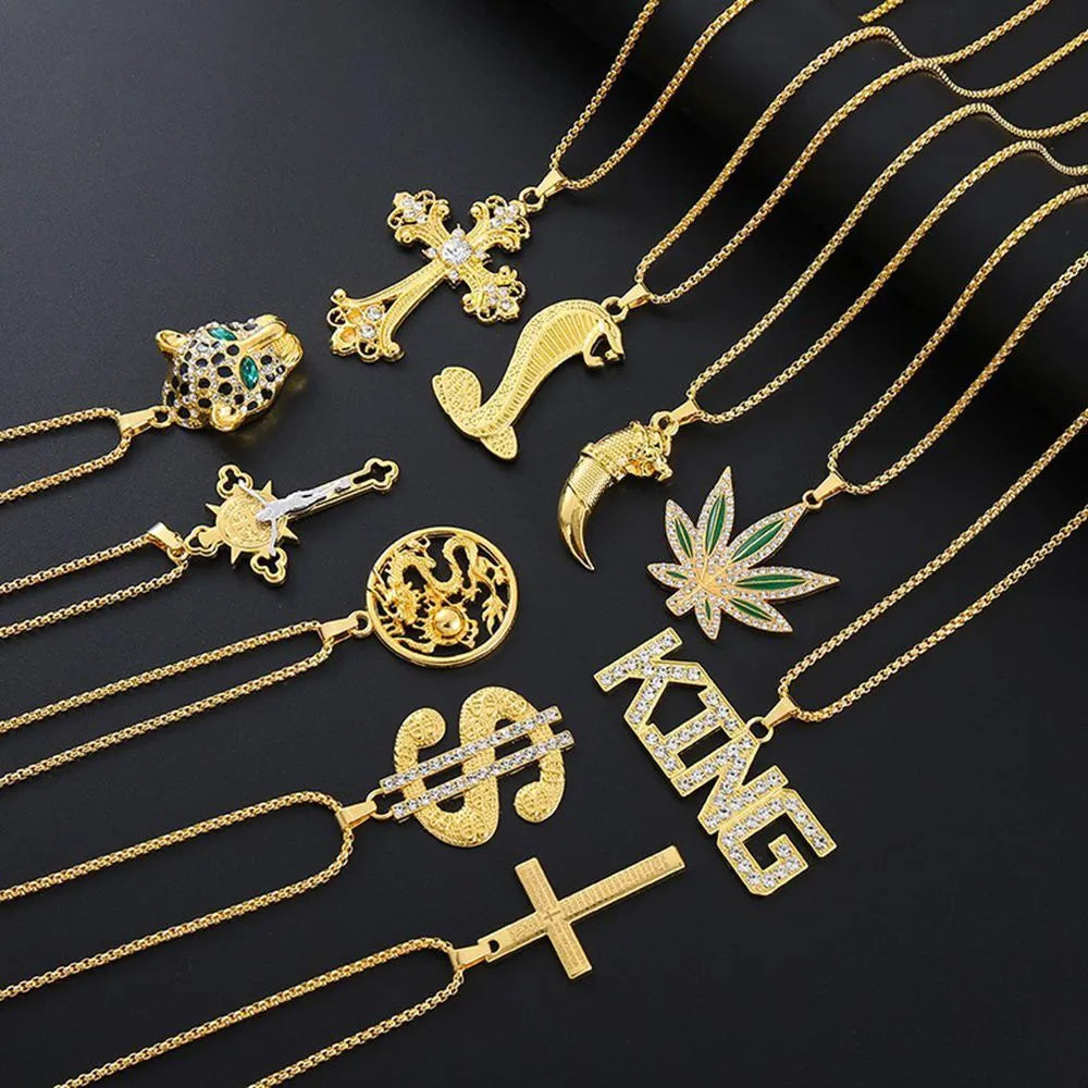 Geometric gold colour alloy pendant necklace with inlaid zircon detailing