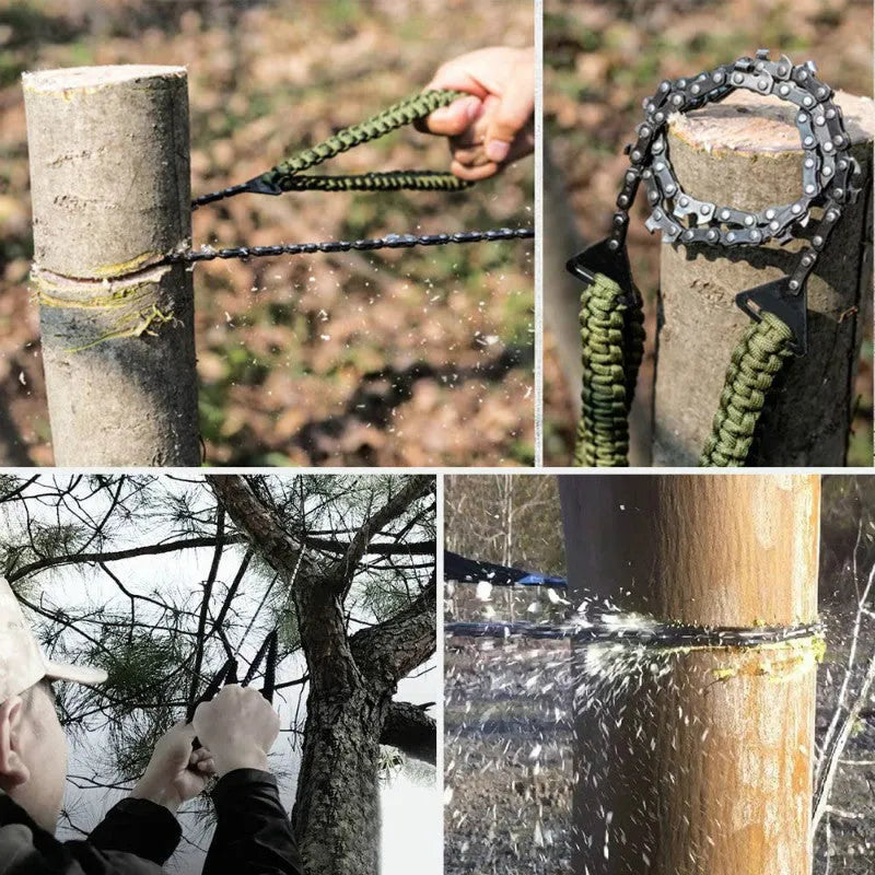 Braided umbrella rope camping survival pocket saw in army green with manganese steel blade, expanded to 103 cm, on natural wood surface