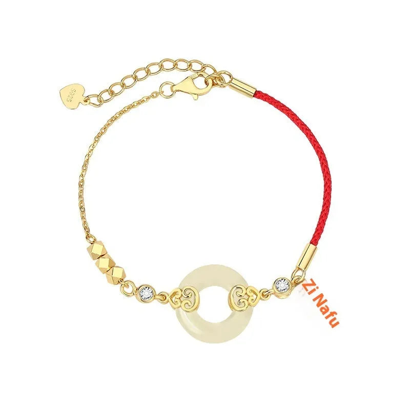 Women's sterling silver jewellery set with gourd bracelet, Fu necklace, and earrings featuring inlaid Hetian jade.