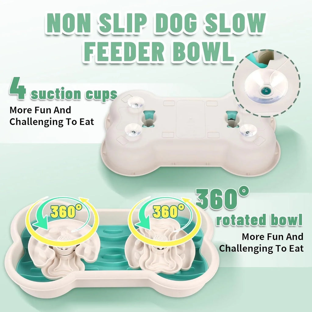 Large green slow feeder dog bowl with three separable puzzle trays and non-slip suction cups on base.