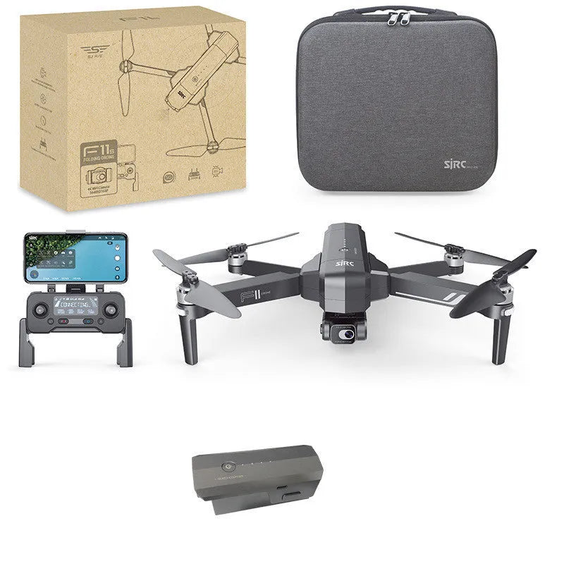 Black F11s PRO GPS folding drone with 4K camera and gimbal, shown in both expanded and compact folded sizes.
