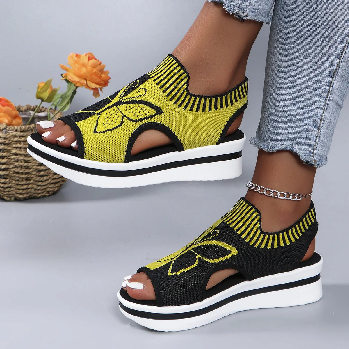Summer butterfly print sports sandals for women with fabric upper and rubber sole in blue