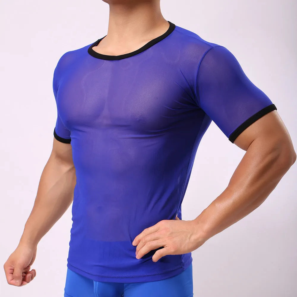 Man wearing a slim fit, transparent mesh short-sleeved T-shirt in a solid colour.