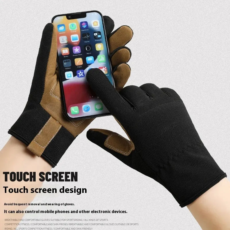 Pair of men's and women's sports cycling gloves in black PU fabric with touch screen fingertips
