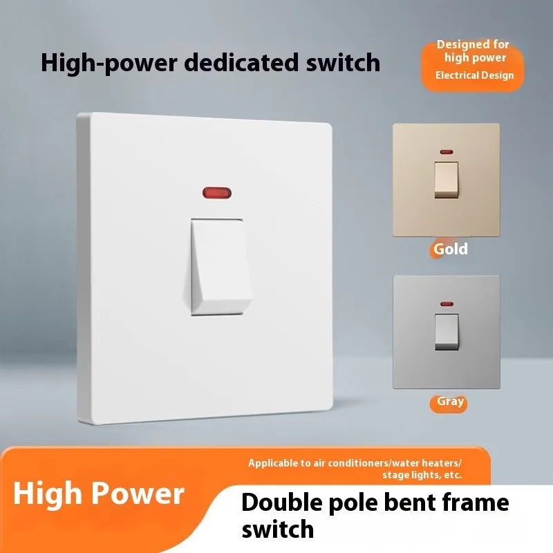 High-current double-break electrical switch with light panel in white finish, showing terminals.