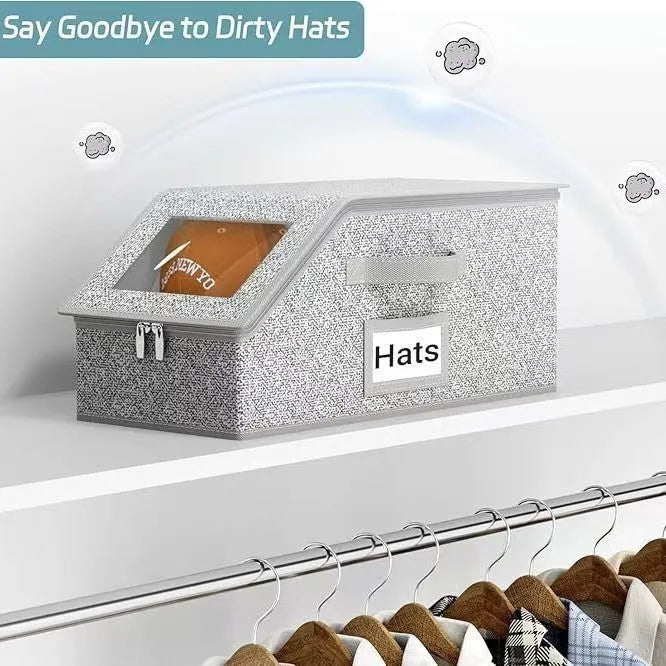 Grey foldable and stackable woven fabric storage box with lid for organisation.