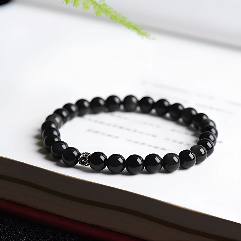 Natural obsidian bracelet with S925 silver dragon phoenix decorations and small flower accessories