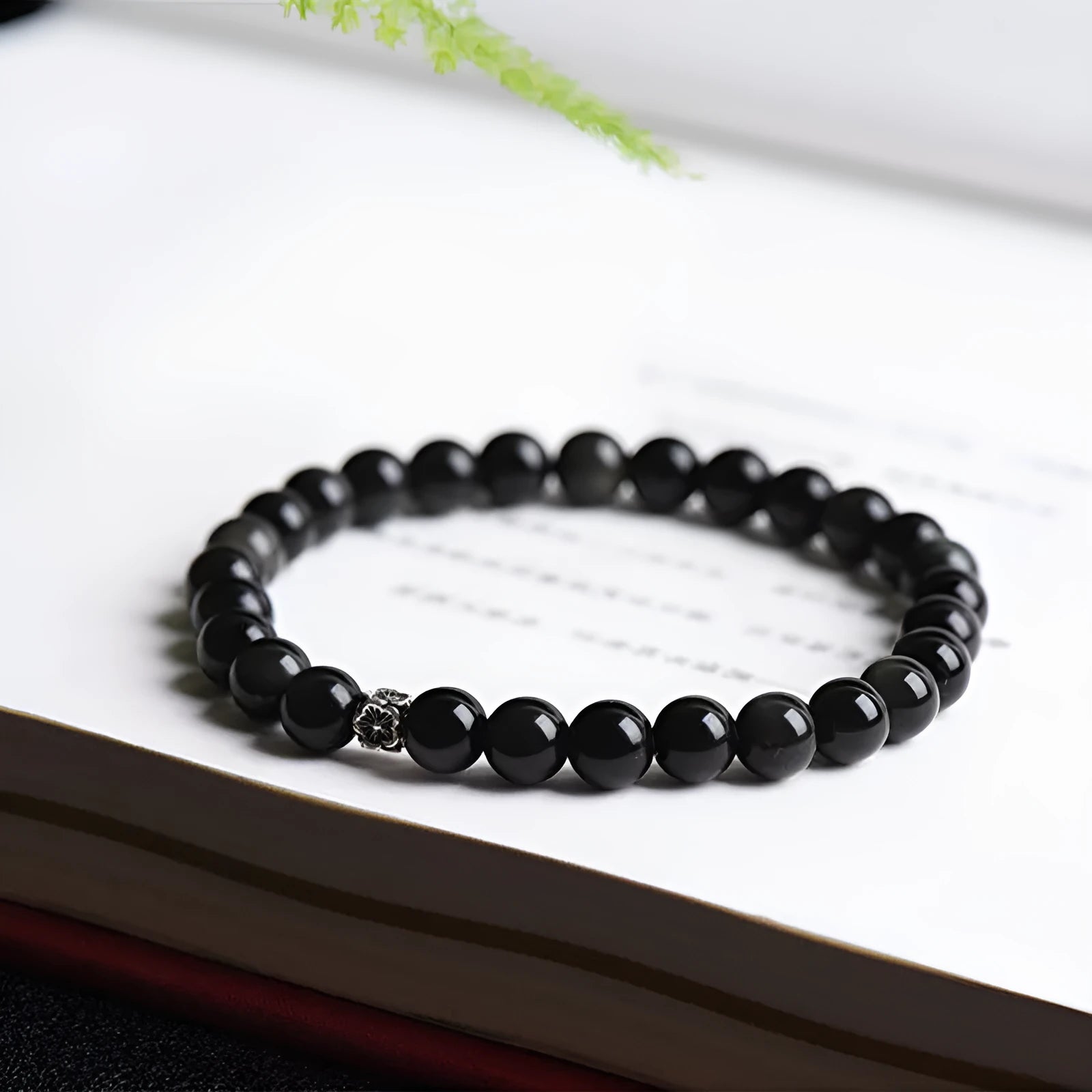 Natural obsidian bracelet with S925 silver dragon phoenix decorations and small flower accessories