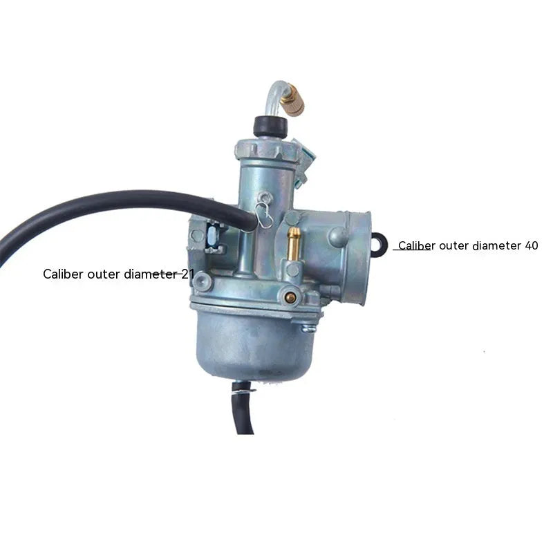 Motorcycle carburetor assembly showing flat suction plunger design for engine parts replacement