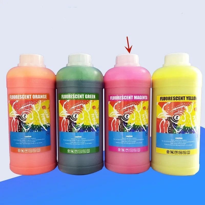 Cartridge of fluorescent orange sublimation ink for PET film printing, with 1000ml capacity shown.
