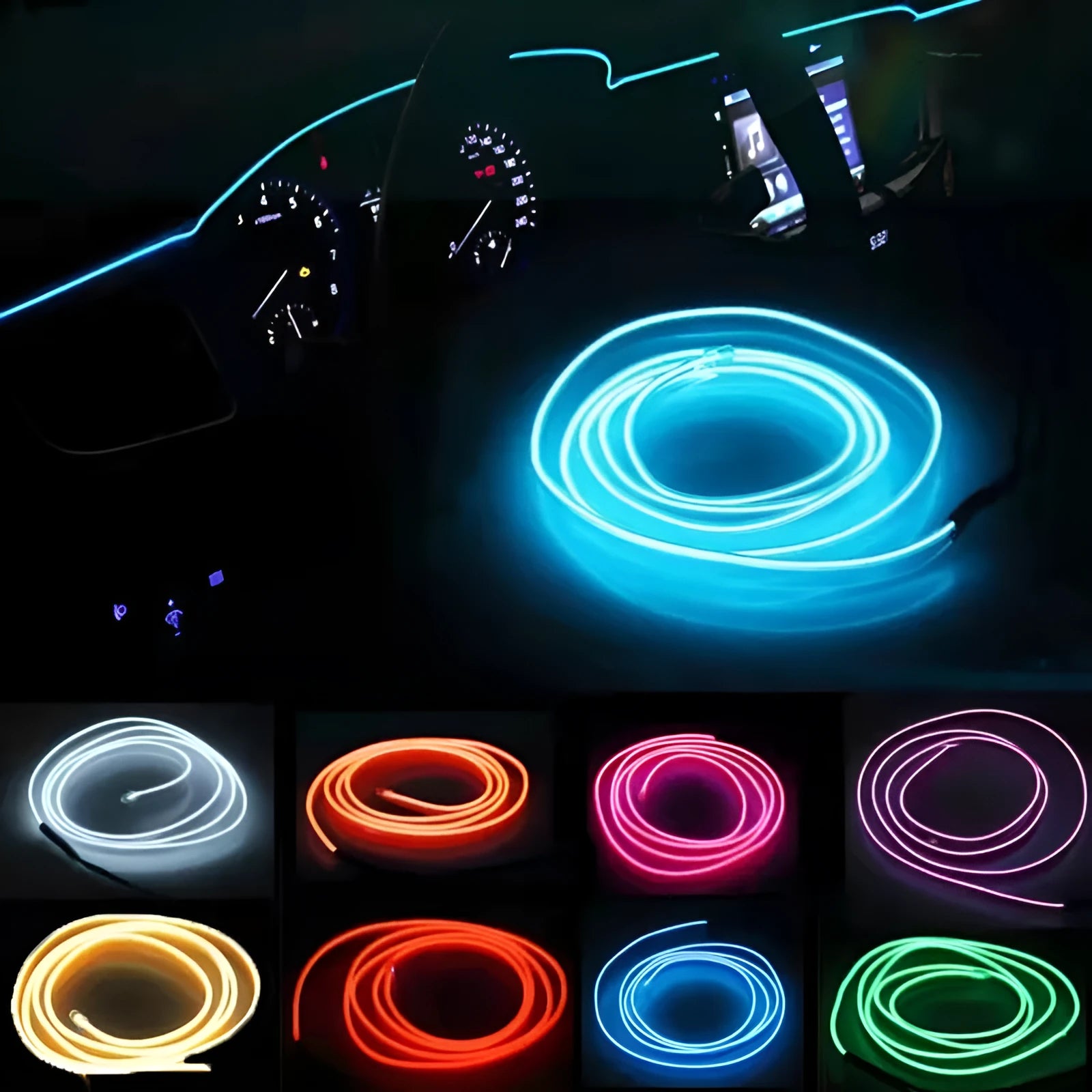 Six-metre long USB-powered LED light strip for car interior ambient lighting in ten colour variants.