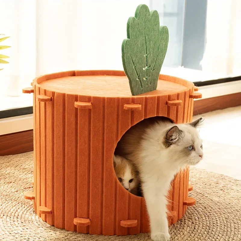 Carrot-shaped felt cat nest tunnel with semi-enclosed drilled design for feline privacy and comfort