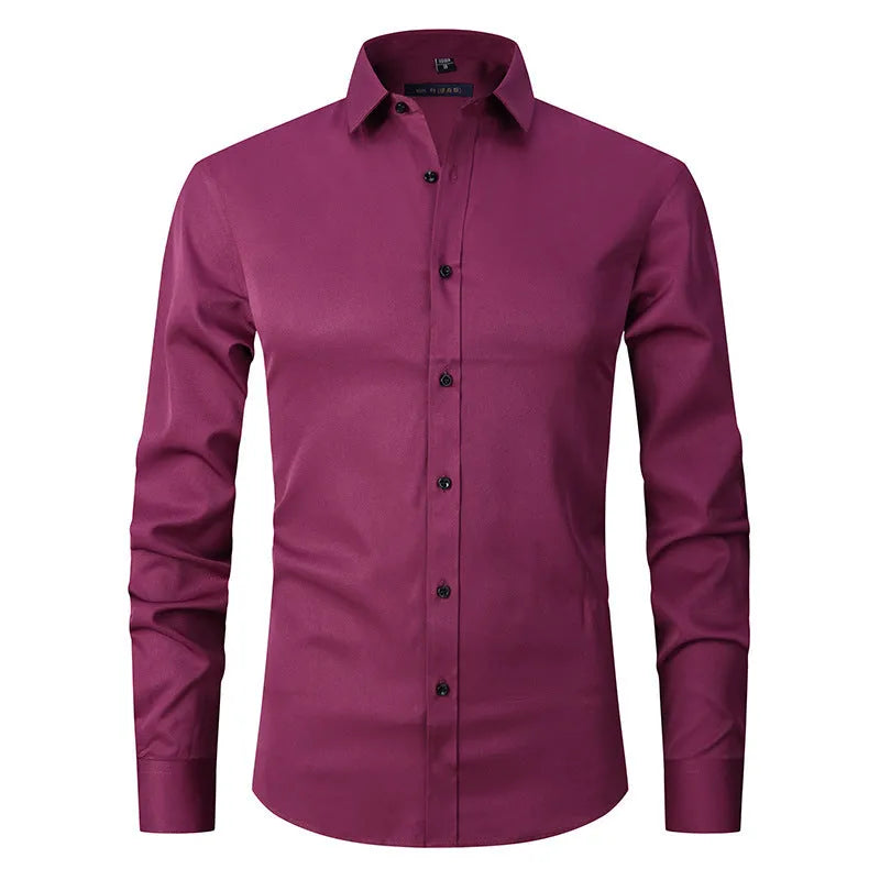 Men's stretch polyester long sleeve work shirt shown in a colour option, laid flat to show design.